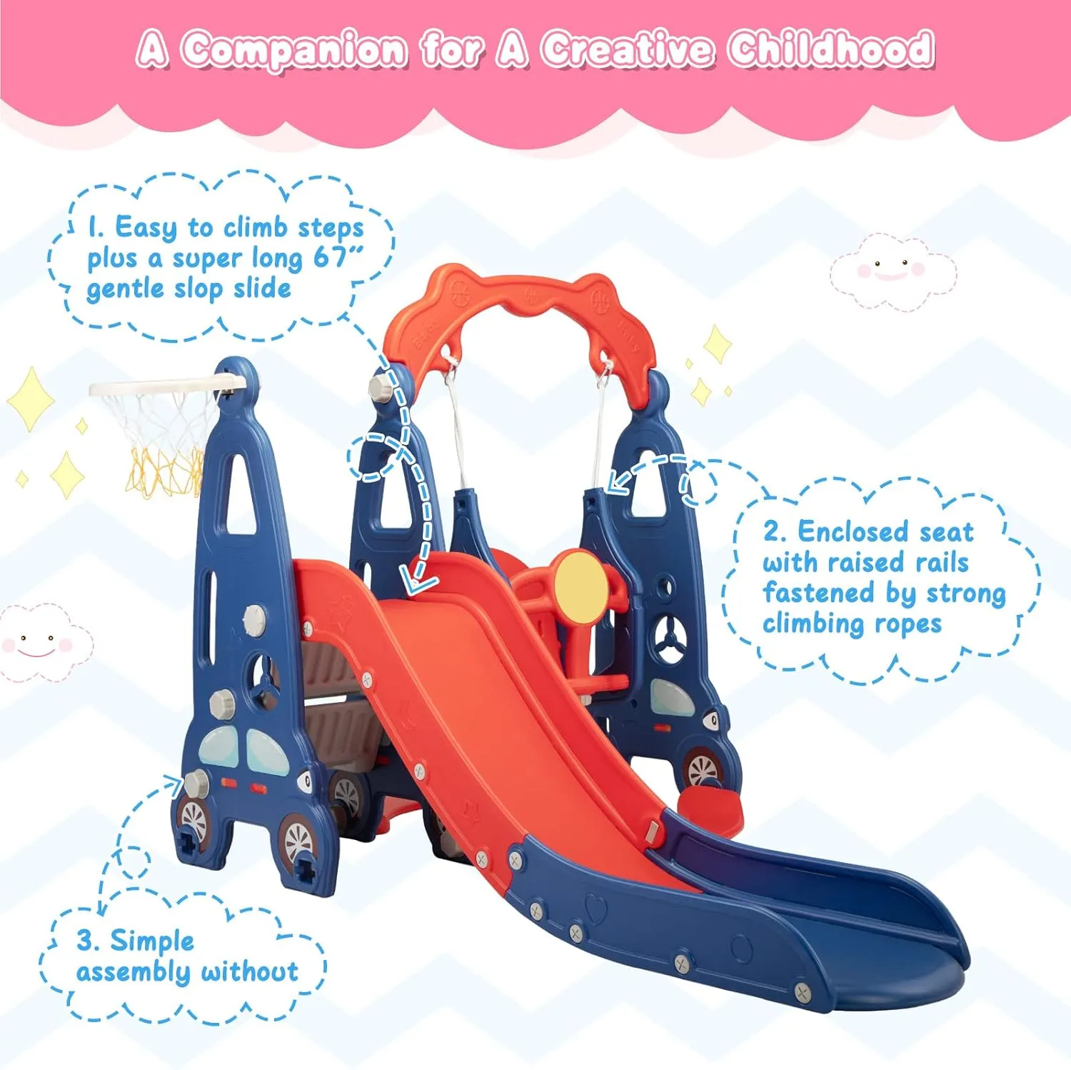 4 in 1 Slide Climber Swing Set, Freestanding Toddler Slide Climber Playset with Basketball Hoop, Toddler Playground Indoor Outdoor, Easy Setup (Red)