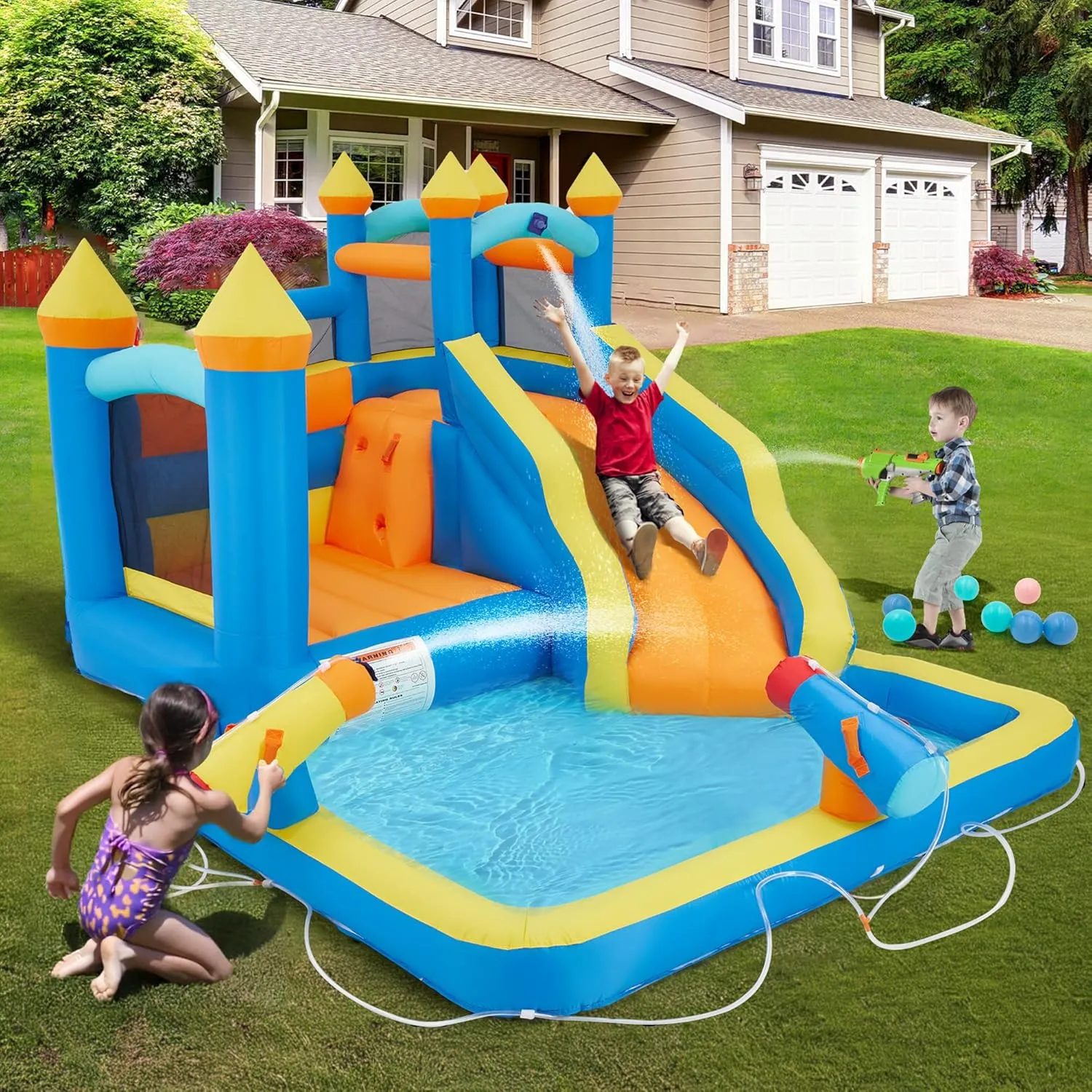 5 in 1 Inflatable Bounce House for Kids 3-12, 12.5 x 9.7Ft Swimming Pool Bouncy Castle with Slide, Inflated Bouncer for Outdoor with Blower, Bouncy Water Park for Children Backyard Party