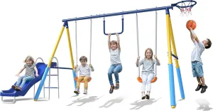 5-in-1 Metal 770lbs Swing Set for Backyard for Kids 3-8 with Slide, Outdoor Heavy Duty Metal A-Frame Swingset with Two Swing Seats, Basketball Hoop, Gymnastics Rings & Blow-Molded Slide, Blue & Yellow
