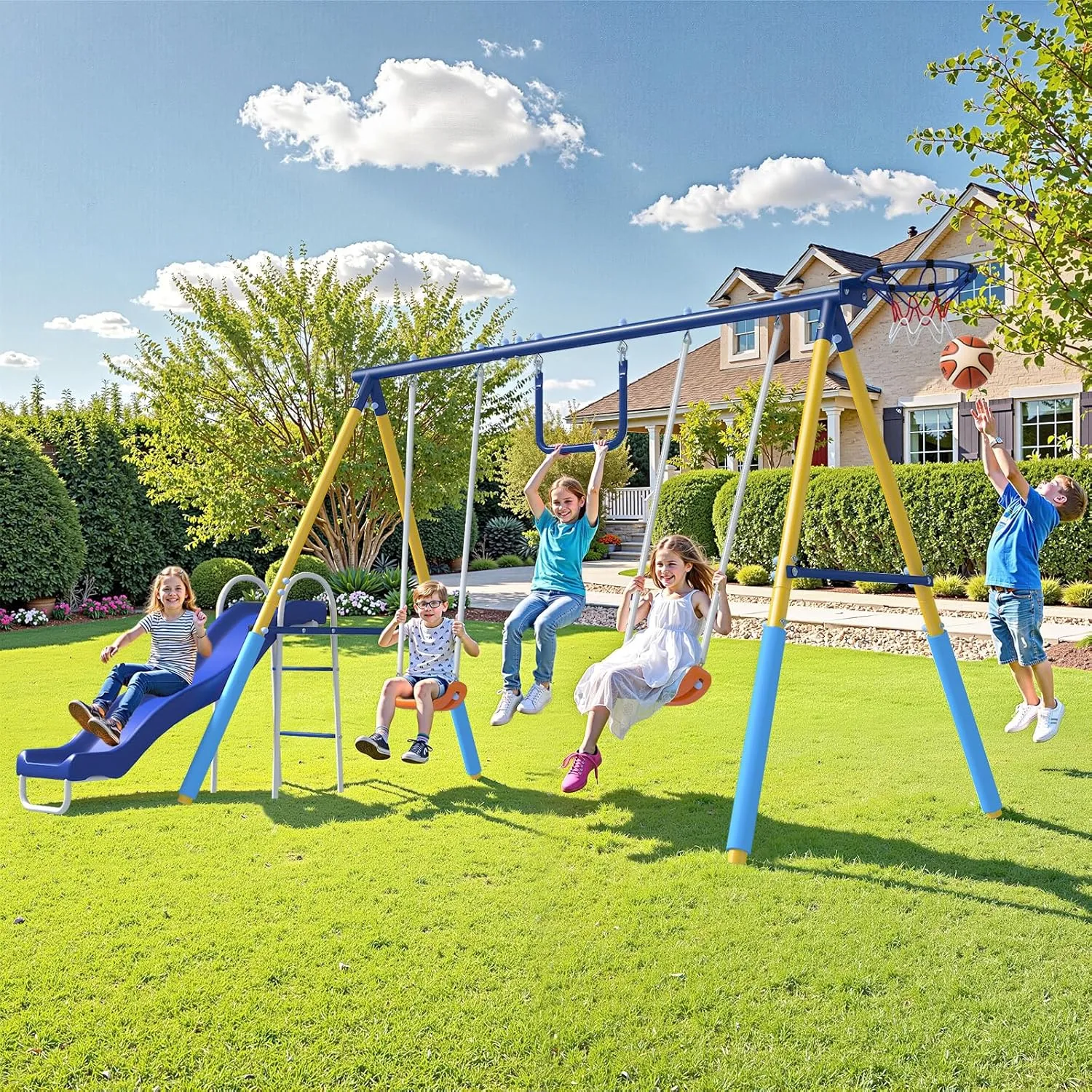 5-in-1 Metal 770lbs Swing Set for Backyard for Kids 3-8 with Slide, Outdoor Heavy Duty Metal A-Frame Swingset with Two Swing Seats, Basketball Hoop, Gymnastics Rings & Blow-Molded Slide, Blue & Yellow