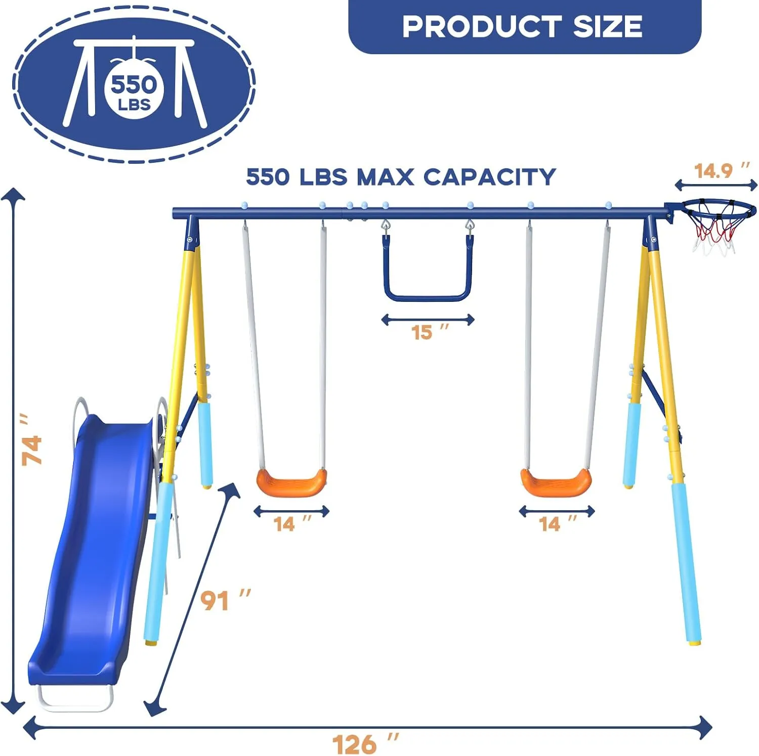 5-in-1 Metal 770lbs Swing Set for Backyard for Kids 3-8 with Slide, Outdoor Heavy Duty Metal A-Frame Swingset with Two Swing Seats, Basketball Hoop, Gymnastics Rings & Blow-Molded Slide, Blue & Yellow