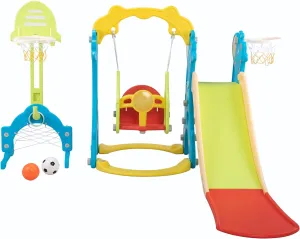 5 in 1 Slide and Swing Playing Set, Toddler Extra Long Slide with 2 Basketball Hoops, Football, Ringtoss, Indoor Outdoor
