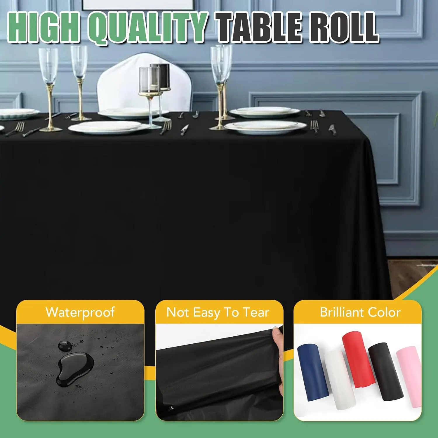 54 in X 300 FT Black Plastic Table Cover Roll with Slide Cutter，Cuts Up to 36 Rectangle 8 Feet Disposable Plastic Table Cloths，Disposable Table Cover Roll for Dinning，Parties，BBQ，Wedding，Outdoor