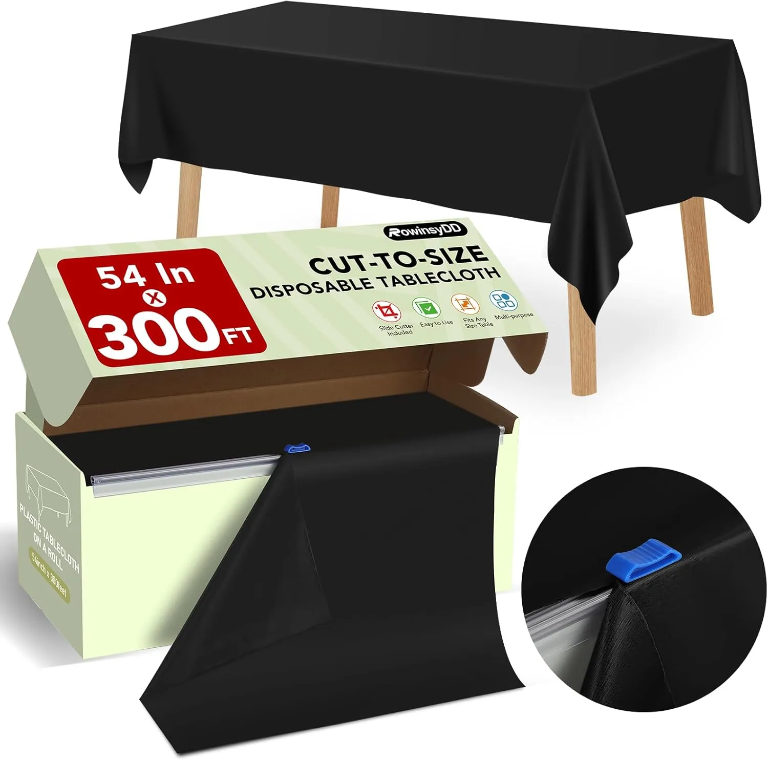 54 in X 300 FT Black Plastic Table Cover Roll with Slide Cutter，Cuts Up to 36 Rectangle 8 Feet Disposable Plastic Table Cloths，Disposable Table Cover Roll for Dinning，Parties，BBQ，Wedding，Outdoor