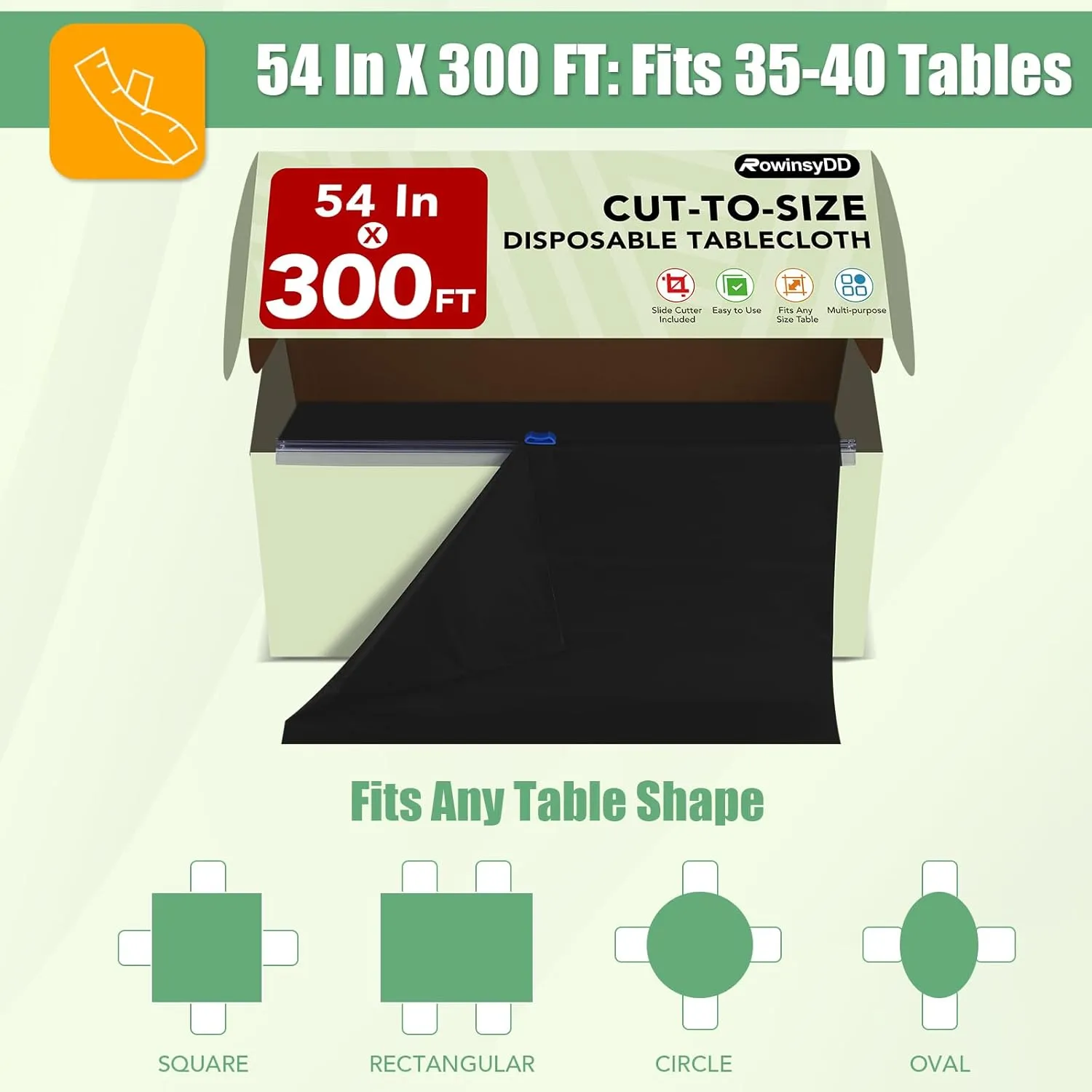 54 in X 300 FT Black Plastic Table Cover Roll with Slide Cutter，Cuts Up to 36 Rectangle 8 Feet Disposable Plastic Table Cloths，Disposable Table Cover Roll for Dinning，Parties，BBQ，Wedding，Outdoor