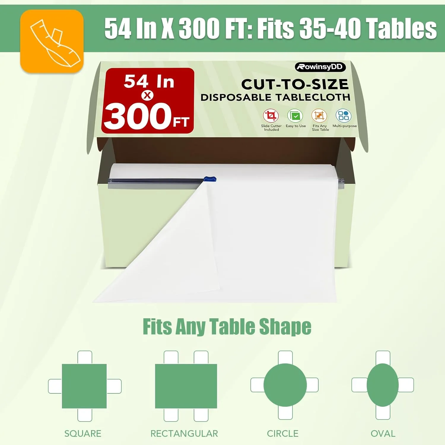 54 in X 300 FT White Plastic Table Cover Roll with Slide Cutter，Cuts Up to 36 Rectangle 8 Feet Disposable Plastic Table Cloths，Disposable Table Cover Roll for Dinning，Parties，BBQ，Wedding，Outdoor