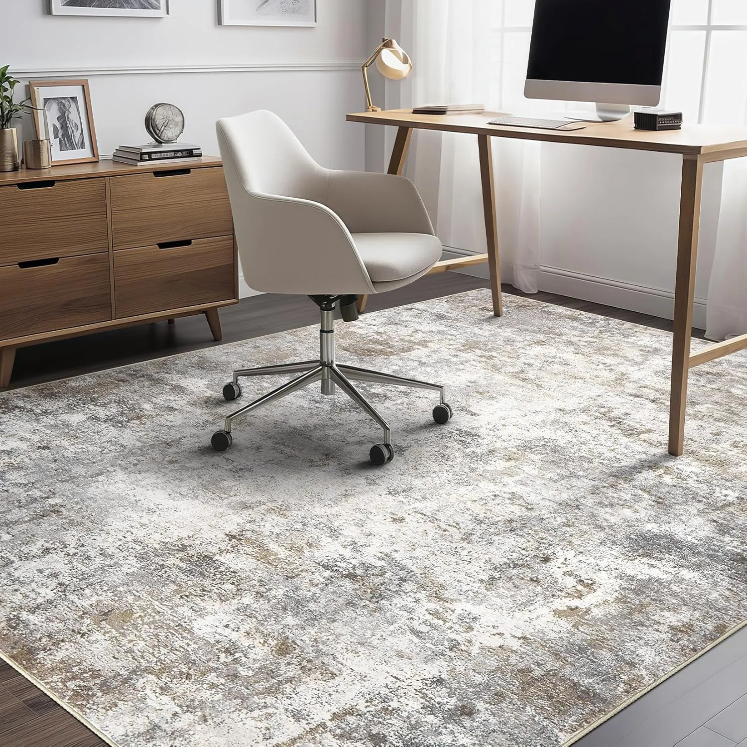 5x7 Area Rug Living Room Rugs - Washable Neutral Modern Abstract Soft Thin Large Rug Indoor Floor No Slip Rug Carpet for Bedroom Under Dining Table Home Office Decor - Brown Grey