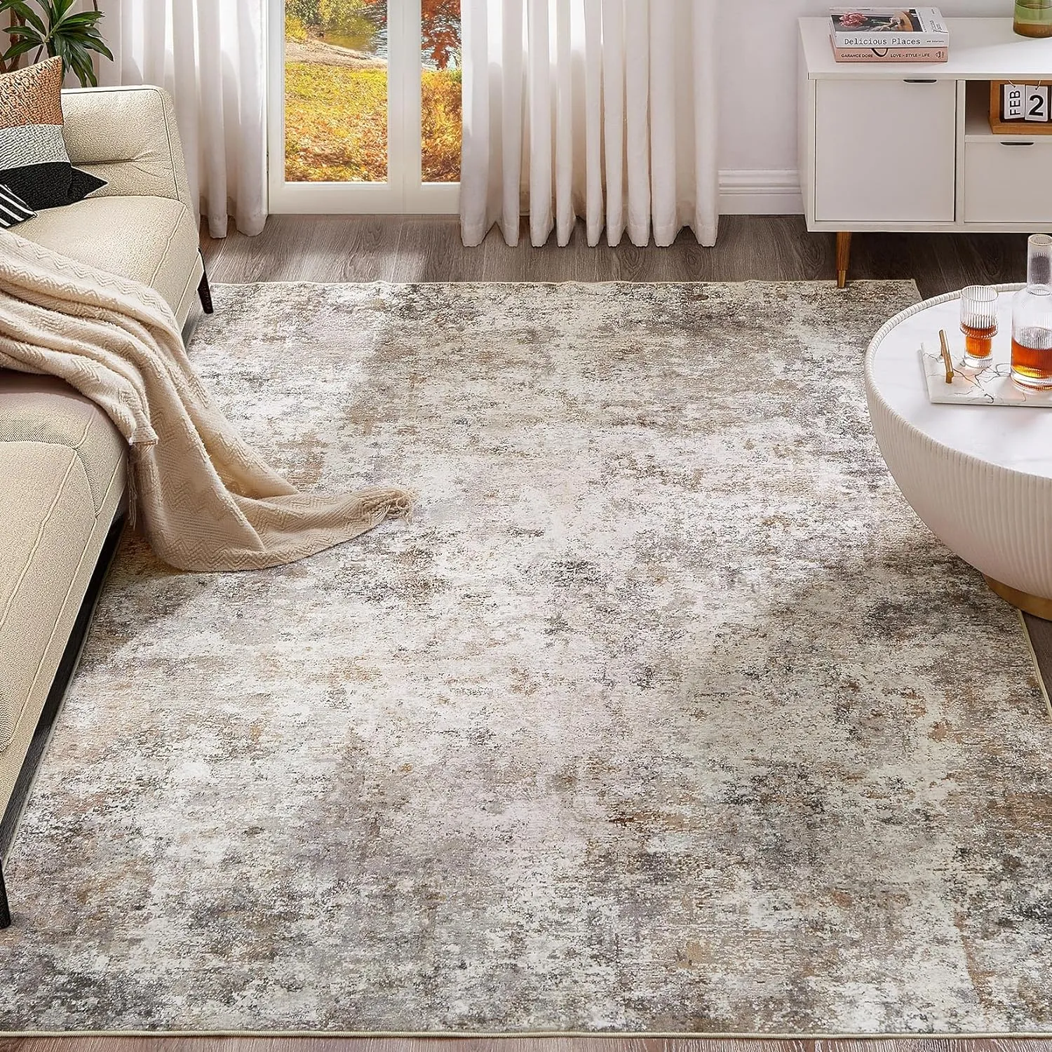 5x7 Area Rug Living Room Rugs - Washable Neutral Modern Abstract Soft Thin Large Rug Indoor Floor No Slip Rug Carpet for Bedroom Under Dining Table Home Office Decor - Brown Grey
