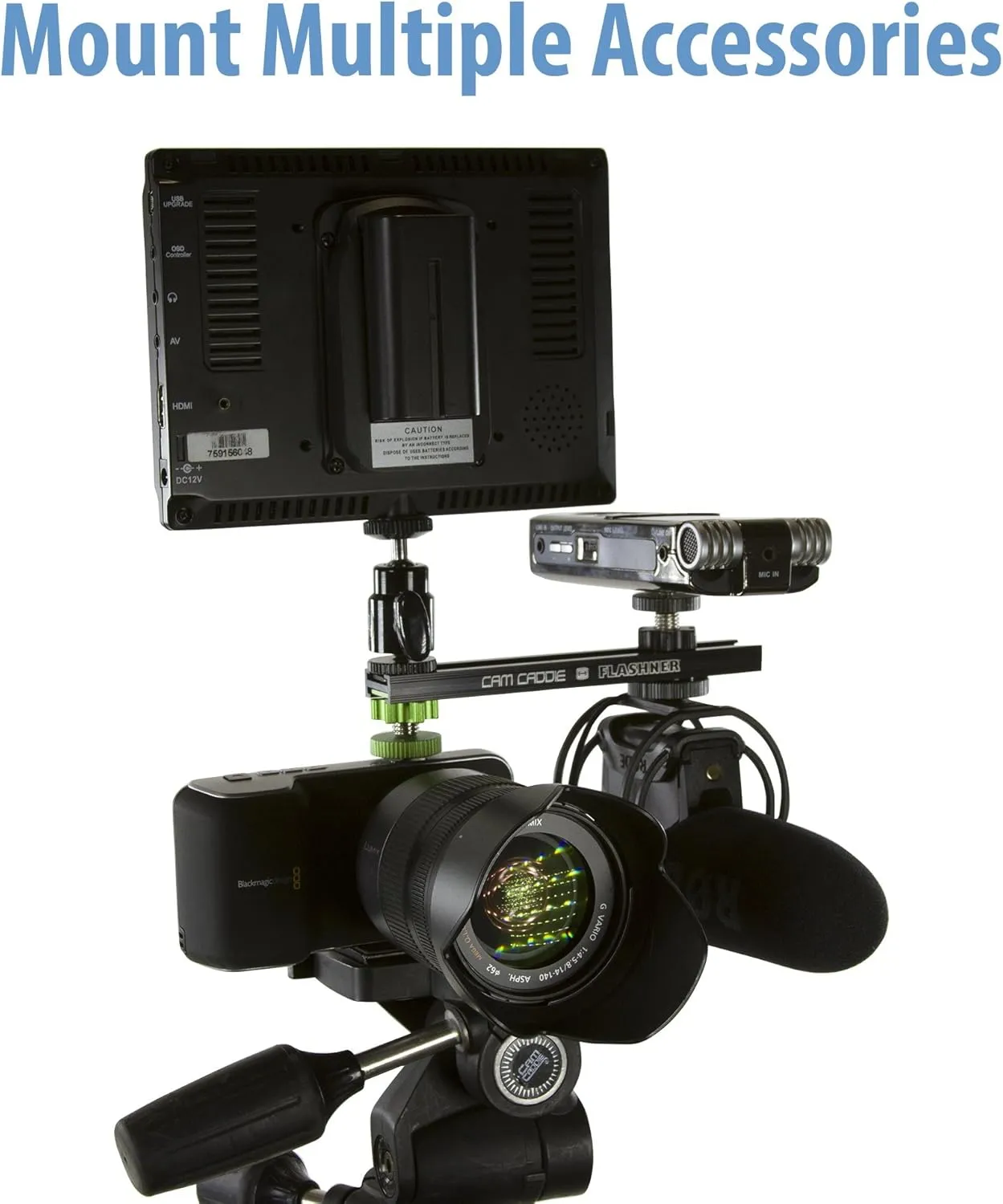 6 Inch Cold Shoe Extension Bracket - Dual Sided Camera Flash Mount with 1/4"-20 Flashner Adapter by Cam Caddie - Black / Green