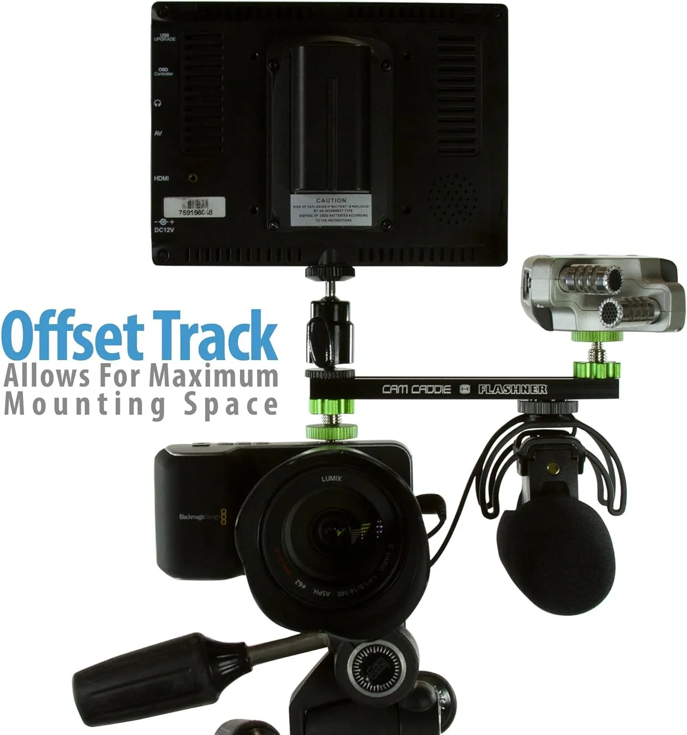 6 Inch Cold Shoe Extension Bracket - Dual Sided Camera Flash Mount with 1/4"-20 Flashner Adapter by Cam Caddie - Black / Green