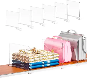6 Pack Closet Organizers and Storage,Clear Acrylic Shelf Dividers for Vertical Purse Organizer,Bookshelf Organization for Closet,Perfect for Cabinet Dividers for Sweater, Shirts, Handbags in Bedroom
