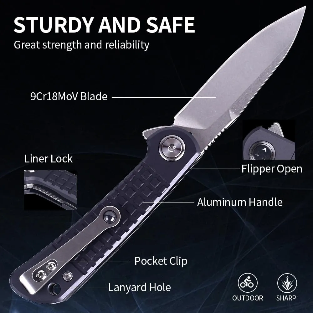 6.75" Folding Knife, 9Cr18MoV Blade Clip Point Blade, Aluminum Handle, Pocket Knife for Outdoor, Indoor, Camping, Hunting, Tactical, EDC Survival (Grey)
