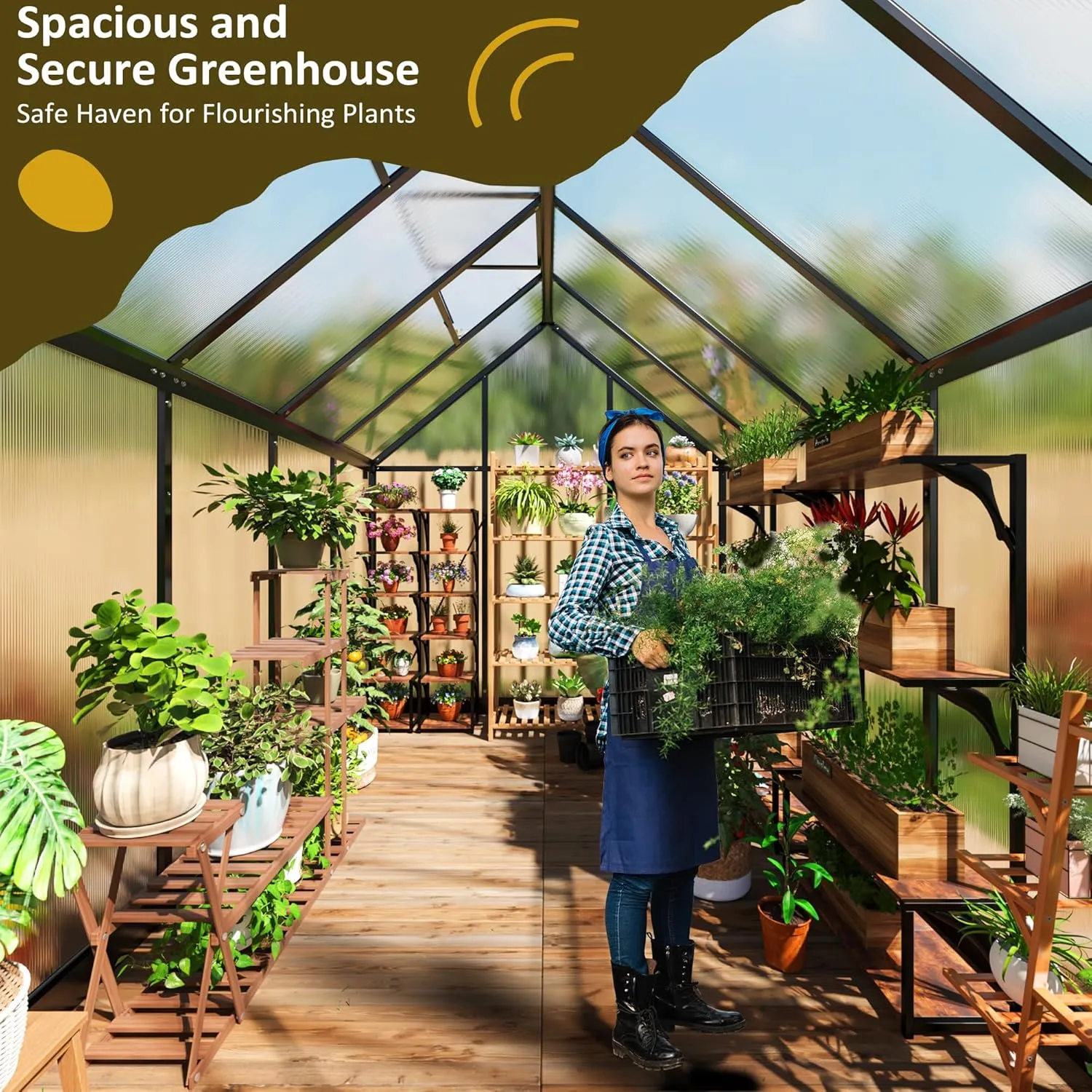 6x9 FT Greenhouse for Outdoors, Polycarbonate Greenhouse with Quick Setup Structure and Roof Vent, Aluminum Large Walk-in Green House for Outside Garden Backyard, Black