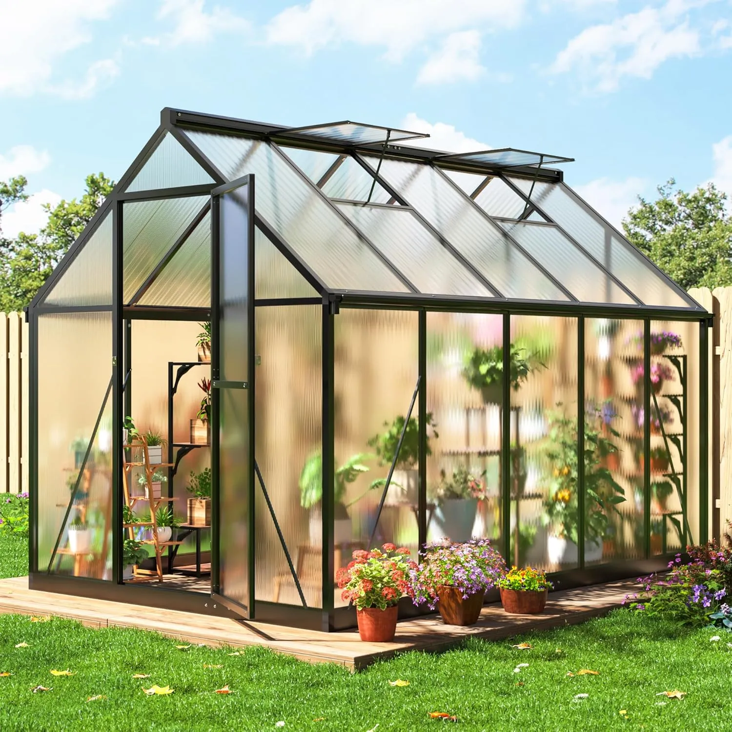 6x9 FT Greenhouse for Outdoors, Polycarbonate Greenhouse with Quick Setup Structure and Roof Vent, Aluminum Large Walk-in Green House for Outside Garden Backyard, Black