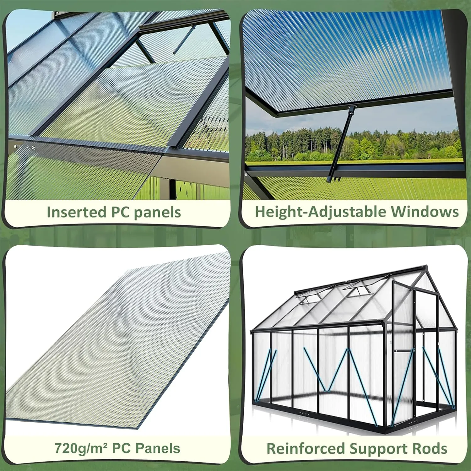 6x9 FT Greenhouse for Outdoors, Polycarbonate Greenhouse with Quick Setup Structure and Roof Vent, Aluminum Large Walk-in Green House for Outside Garden Backyard, Black