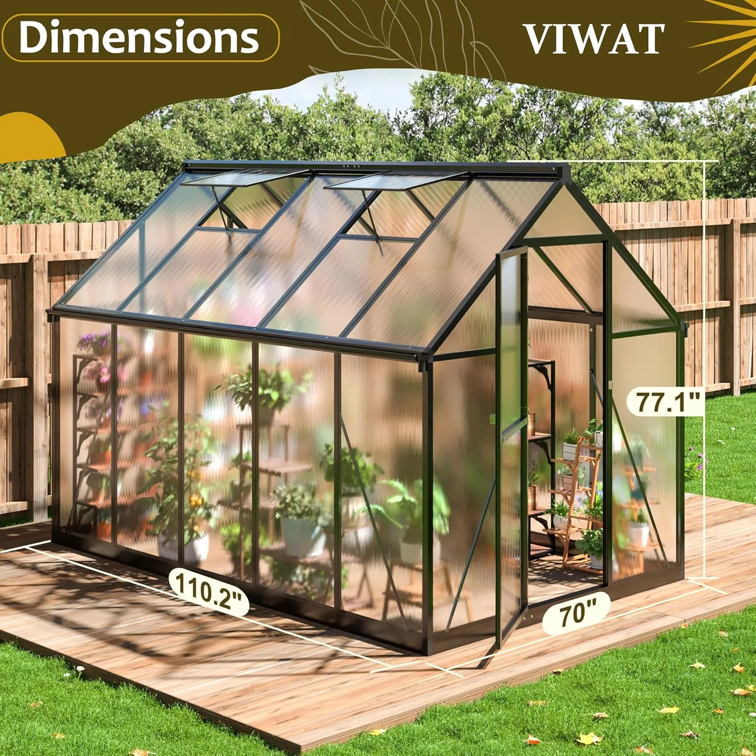 6x9 FT Greenhouse for Outdoors, Polycarbonate Greenhouse with Quick Setup Structure and Roof Vent, Aluminum Large Walk-in Green House for Outside Garden Backyard, Black