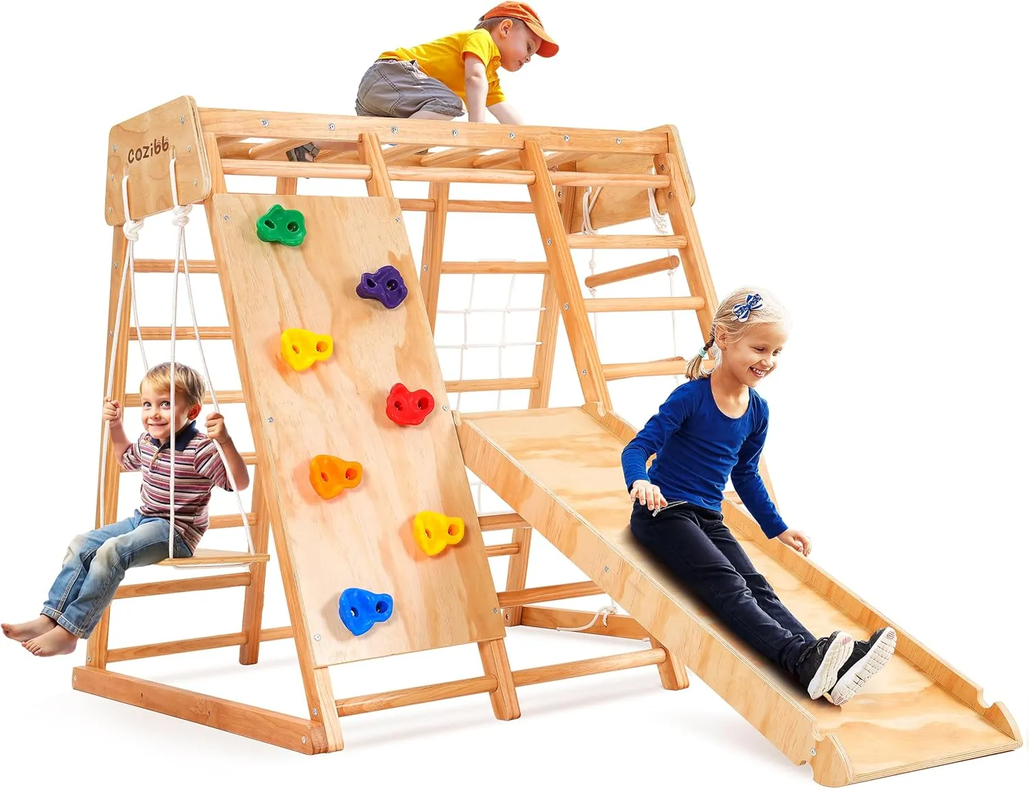 7-in-1 Indoor Jungle Gym for Kids, Toddler Playground With Slide, Swing and Climbing Rock, Wooden Montessori Climbing Toys, Playset