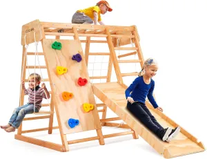7-in-1 Indoor Jungle Gym for Kids, Toddler Playground With Slide, Swing and Climbing Rock, Wooden Montessori Climbing Toys, Playset