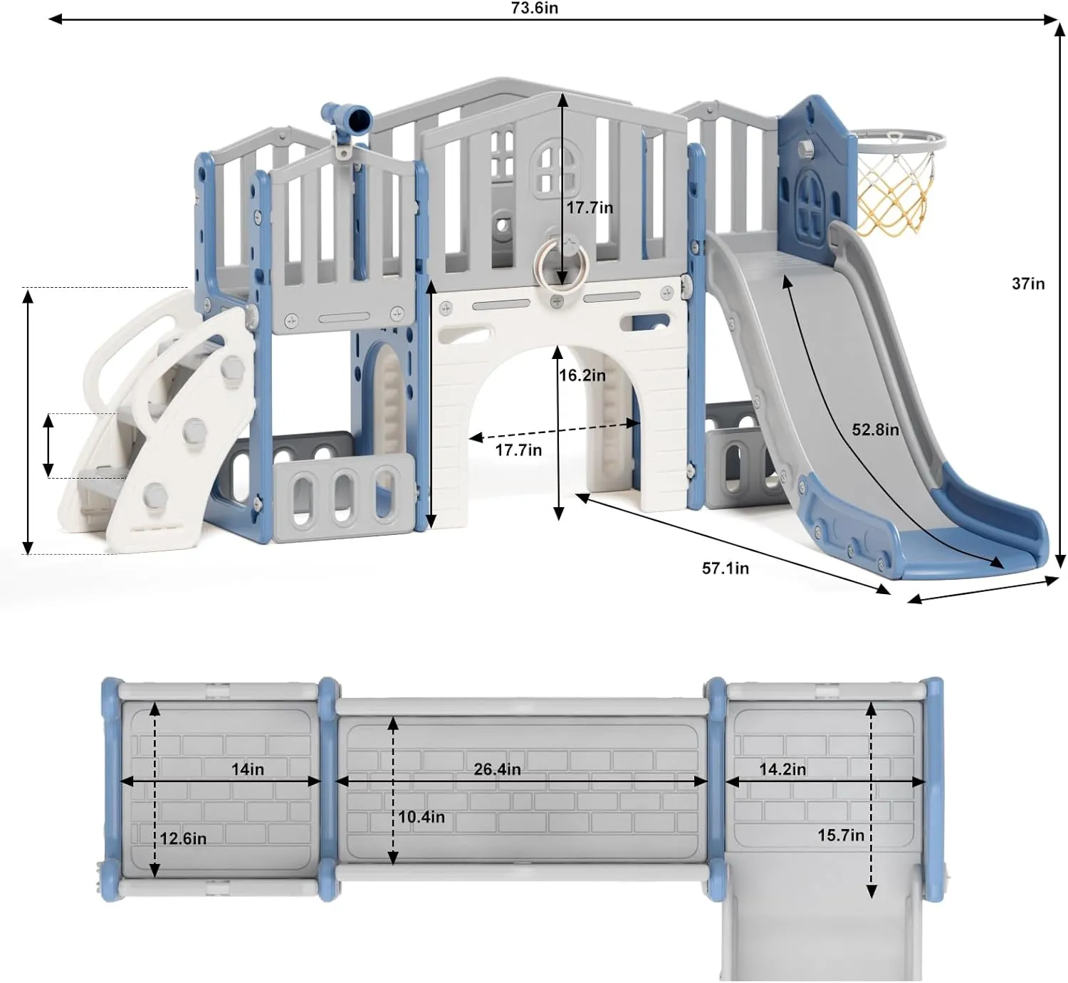 8 in 1 Toddler Slide Set, Kids Slide for Toddlers Age 1-3, Toddler Climber Slide PlaySet with Basketball Hoop and Ball, Outdoor Indoor Kids Playground for Toddlers 1-3, Blue Grey