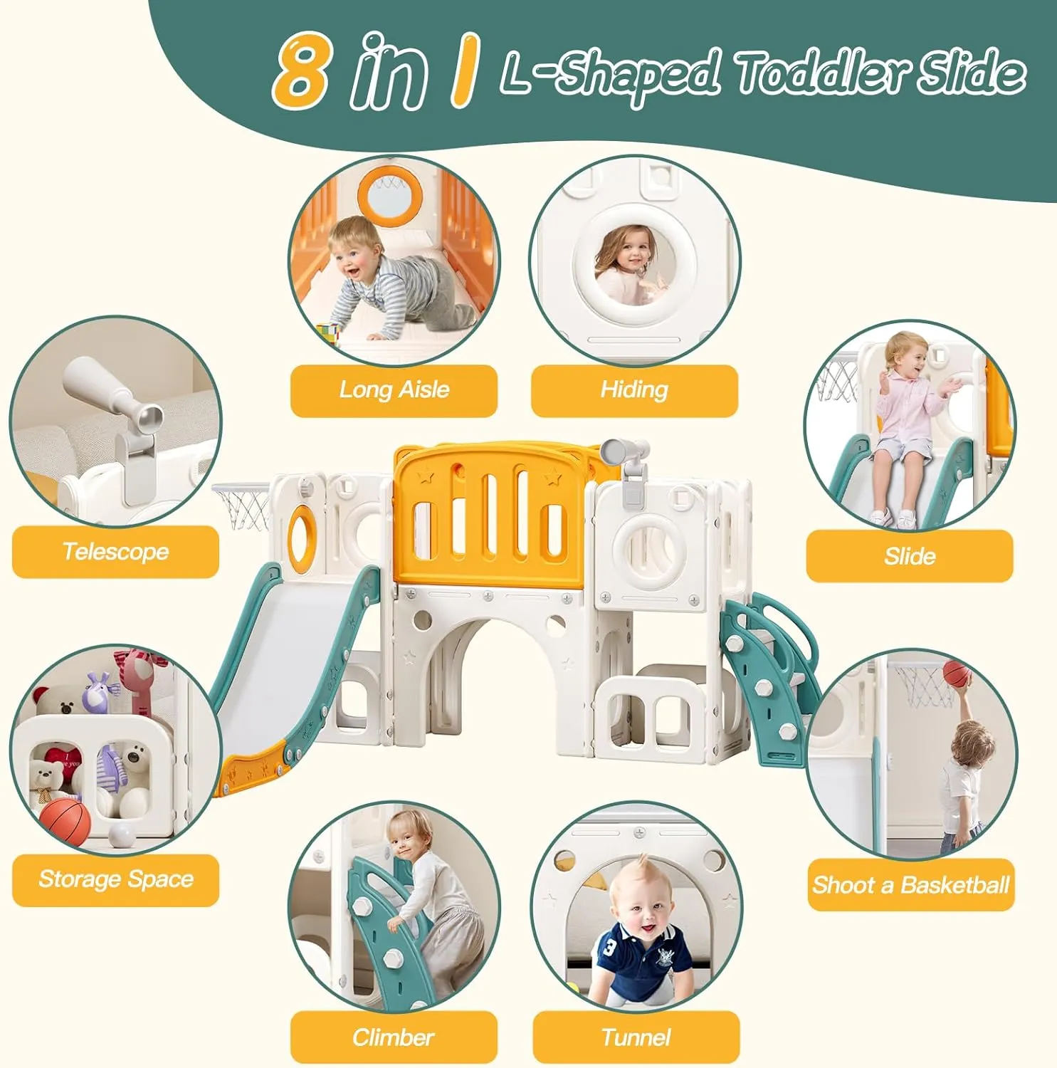 8 in 1 Toddler Slide,Kids Climber Slide with Storage Space and Non-Slip Steps,Indoor Outdoor Playset with Basketball Hoopa and Telescope,Slide for Toddlers Age 1-8 (White Orange)