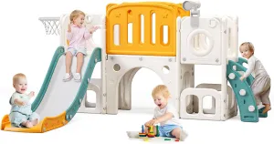 8 in 1 Toddler Slide,Kids Climber Slide with Storage Space and Non-Slip Steps,Indoor Outdoor Playset with Basketball Hoopa and Telescope,Slide for Toddlers Age 1-8 (White Orange)