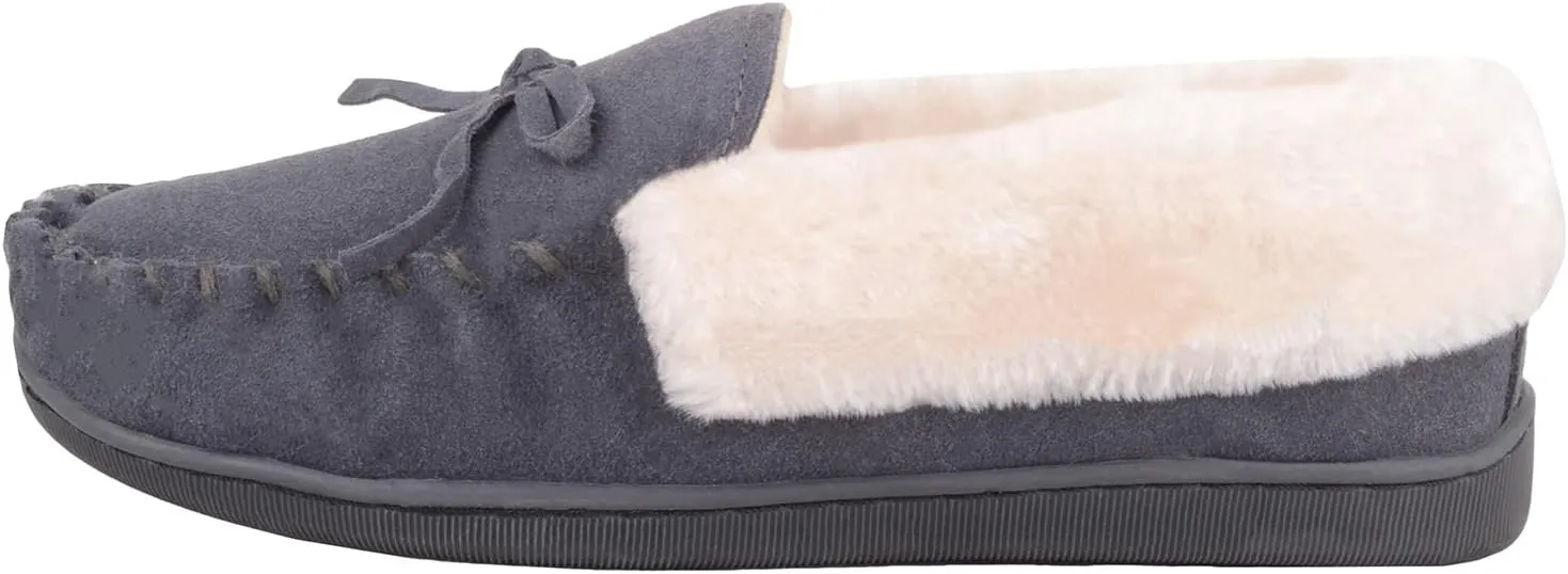 ABSOLUTE FOOTWEAR Womens Easy Slip On Winter Suede Fleece Lined Moccasin Style Slippers with Bow