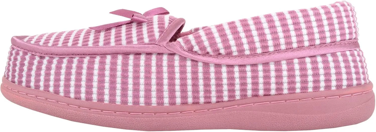 ABSOLUTE FOOTWEAR Womens Striped Easy Slip On Cosy Winter Moccasin Style Slippers with Bow Design