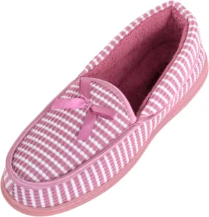 ABSOLUTE FOOTWEAR Womens Striped Easy Slip On Cosy Winter Moccasin Style Slippers with Bow Design