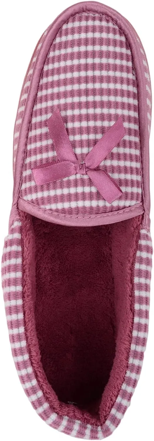 ABSOLUTE FOOTWEAR Womens Striped Easy Slip On Cosy Winter Moccasin Style Slippers with Bow Design