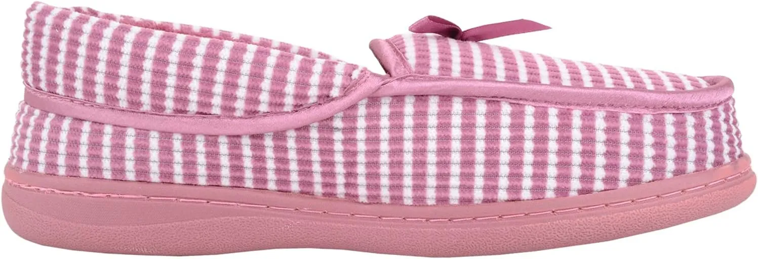 ABSOLUTE FOOTWEAR Womens Striped Easy Slip On Cosy Winter Moccasin Style Slippers with Bow Design