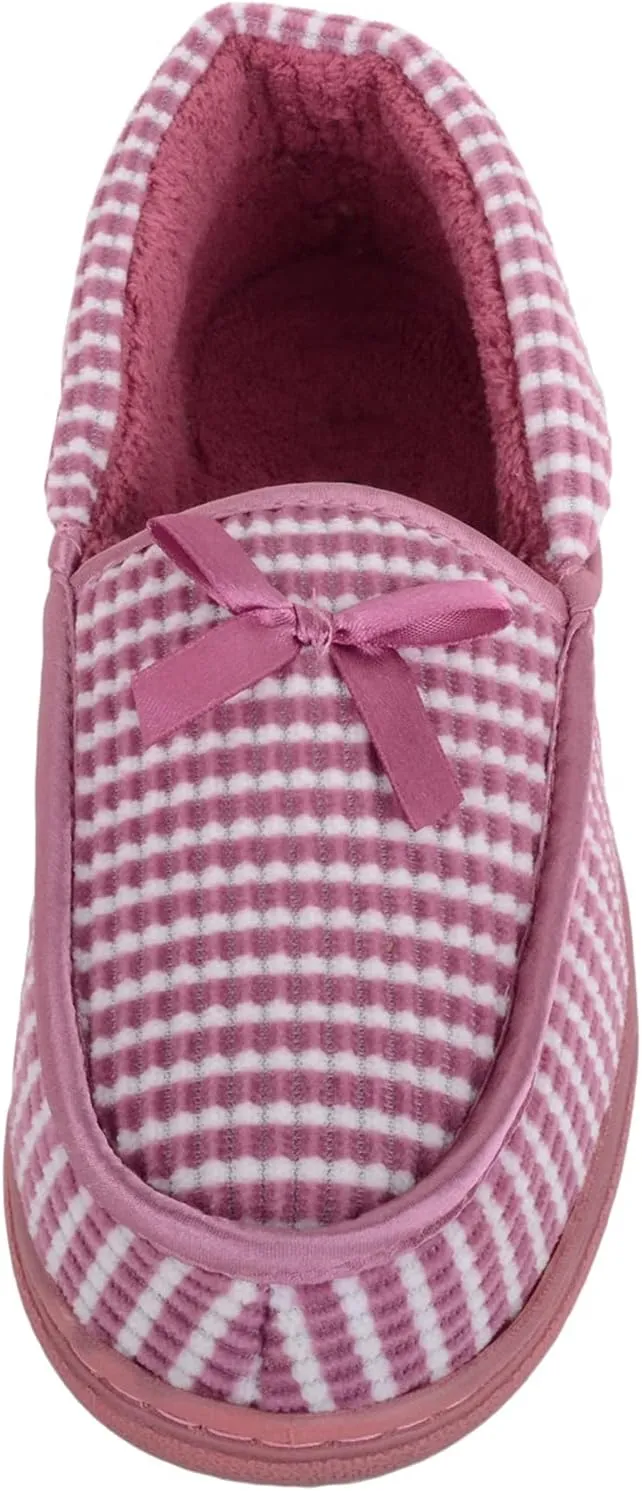 ABSOLUTE FOOTWEAR Womens Striped Easy Slip On Cosy Winter Moccasin Style Slippers with Bow Design