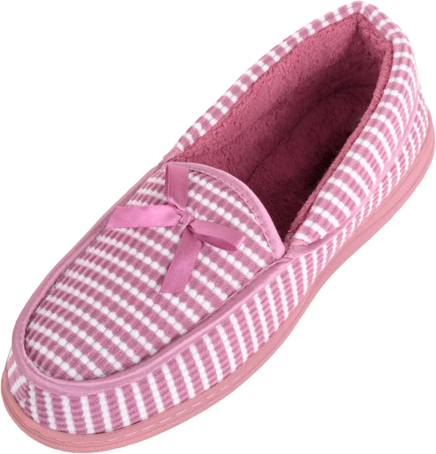ABSOLUTE FOOTWEAR Womens Striped Easy Slip On Cosy Winter Moccasin Style Slippers with Bow Design