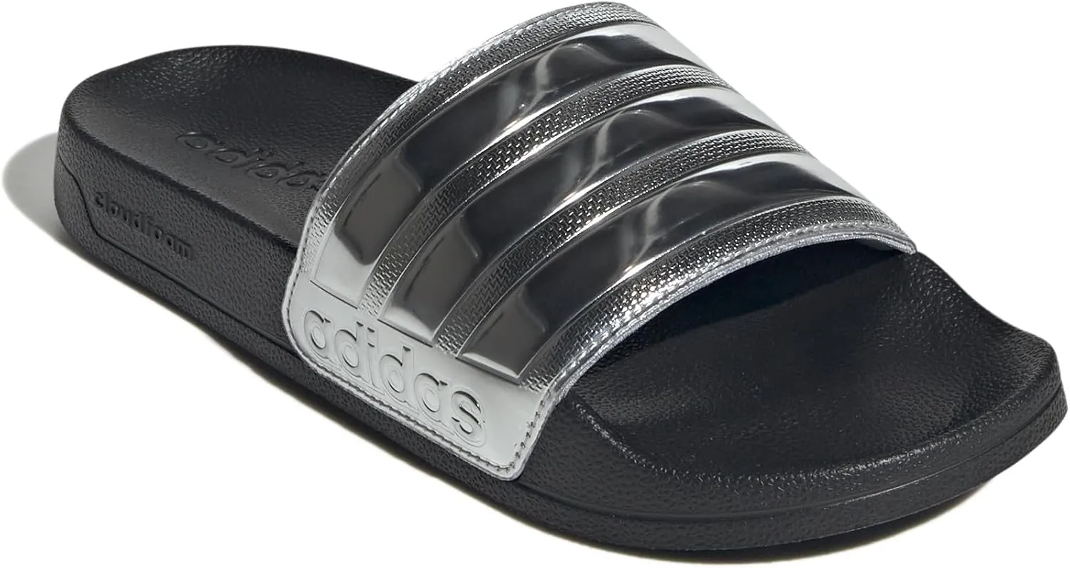 adidas Unisex Adilette Shower Slide Sandal, Black/Silver Metallic/Silver Metallic, 6 US Men