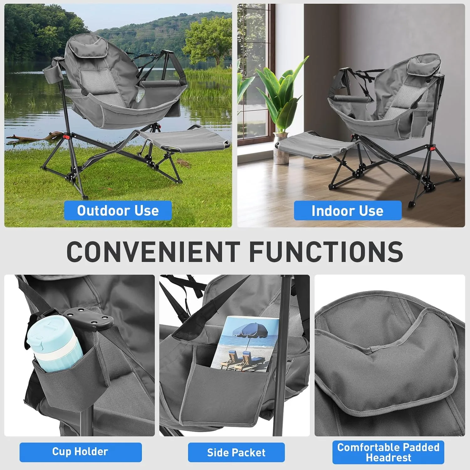 Ainfox Hammock Camping Chair with Footrest, Foldable Portable Rocking Chairs for Adults Outside Swinging Camp with Cup Holder Pillow for Outdoor Patio Poolside (Grey)