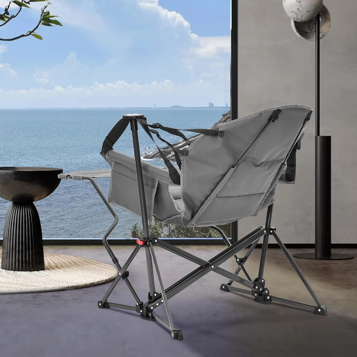 Ainfox Hammock Camping Chair with Footrest, Foldable Portable Rocking Chairs for Adults Outside Swinging Camp with Cup Holder Pillow for Outdoor Patio Poolside (Grey)