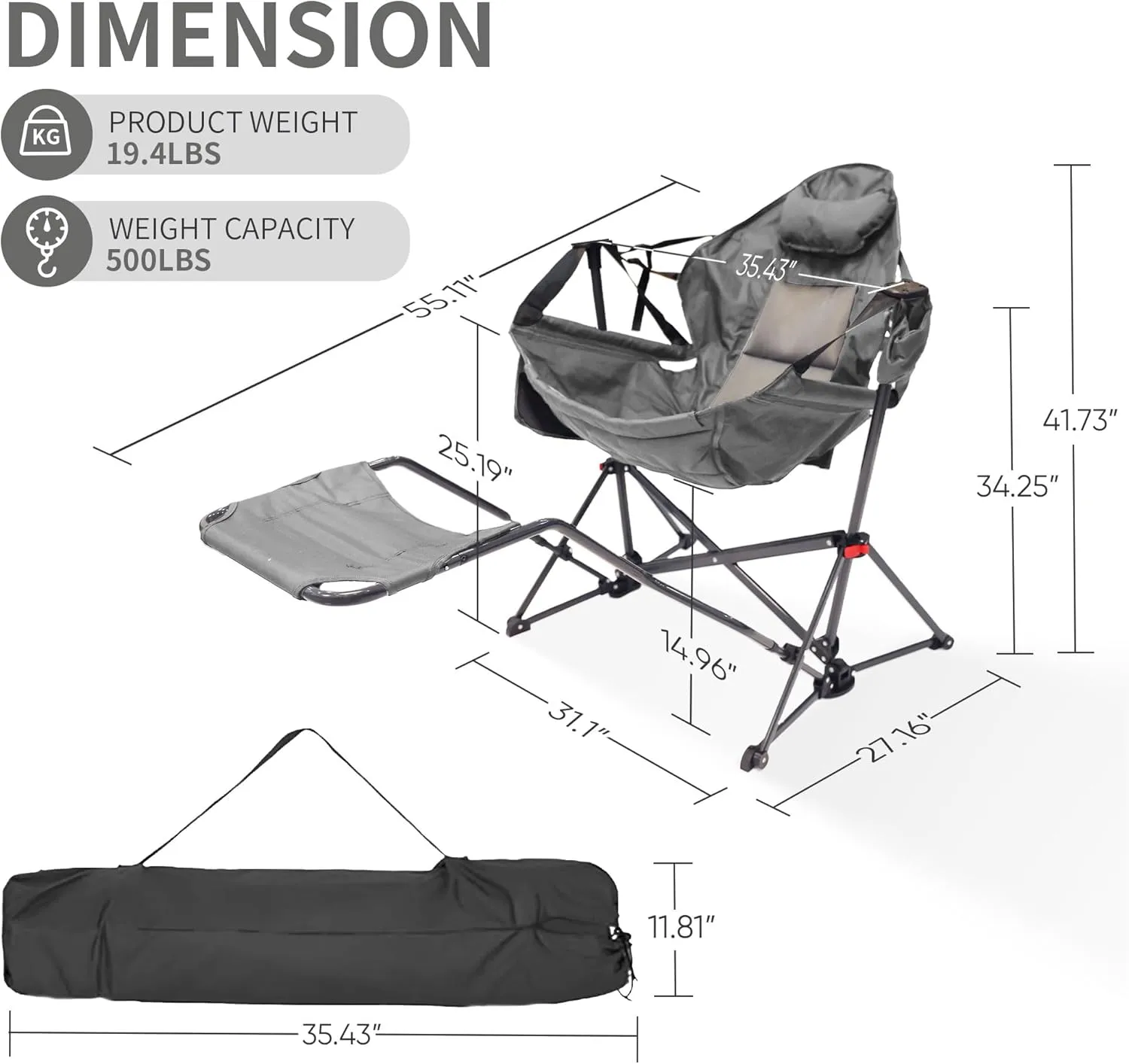 Ainfox Hammock Camping Chair with Footrest, Foldable Portable Rocking Chairs for Adults Outside Swinging Camp with Cup Holder Pillow for Outdoor Patio Poolside (Grey)