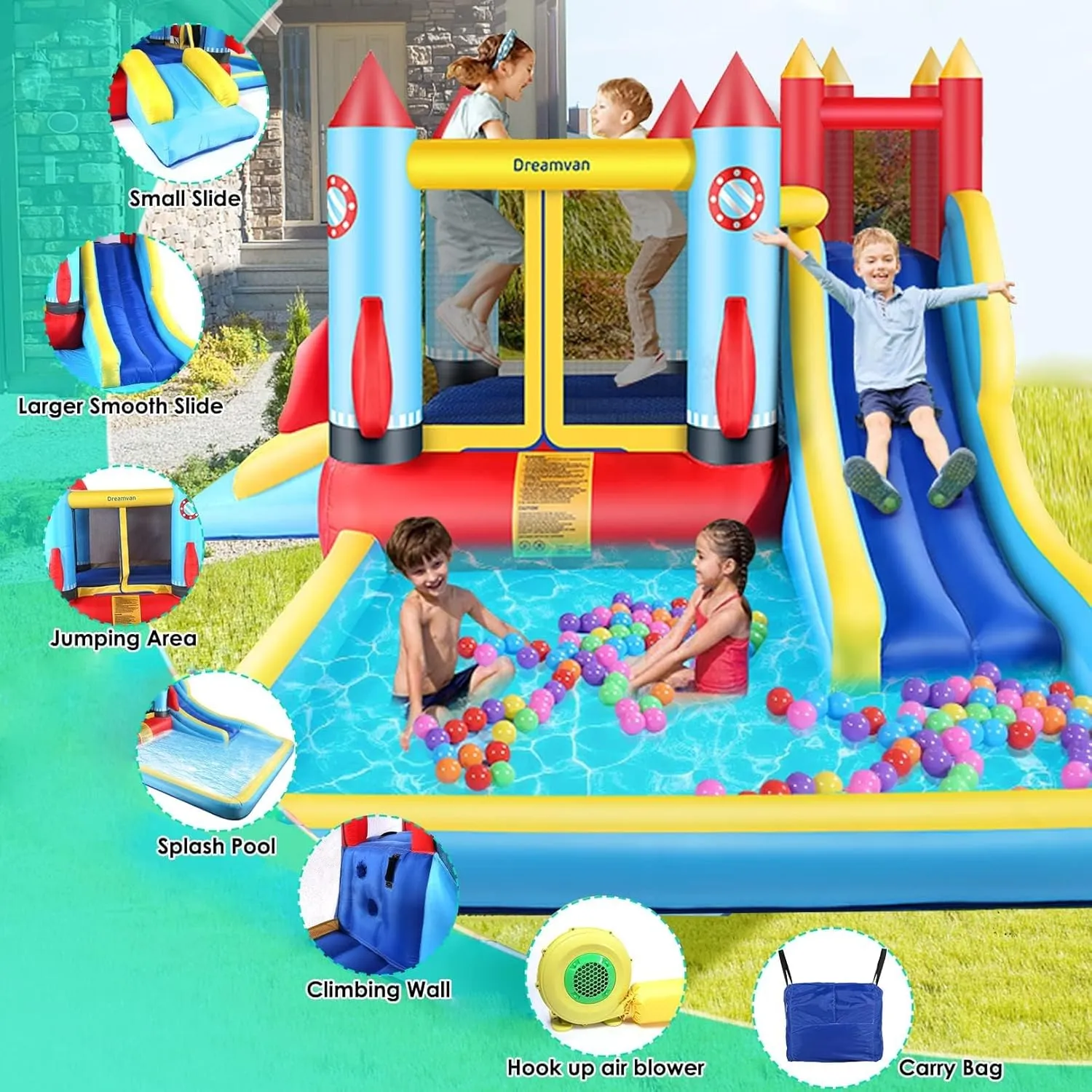 AKEYDIY Bounce House Water Slide Rocket Blast- 13X12ft Inflatable Water Slides Park for Kids 3-12, Large Adventure Water Park W/Pool,Climbing Wall,Bouncer Area/Water Bounce House for Kids Backyard