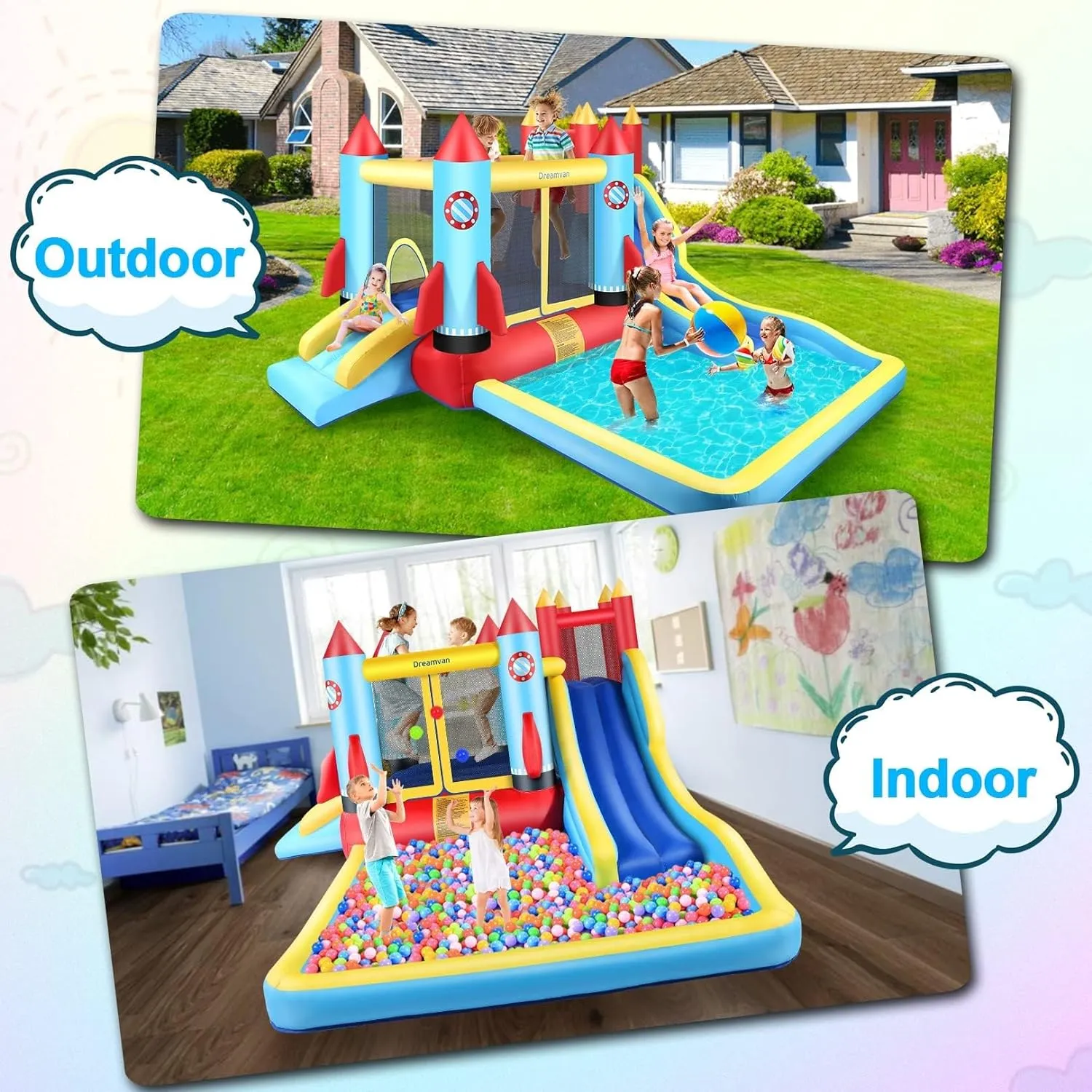 AKEYDIY Bounce House Water Slide Rocket Blast- 13X12ft Inflatable Water Slides Park for Kids 3-12, Large Adventure Water Park W/Pool,Climbing Wall,Bouncer Area/Water Bounce House for Kids Backyard