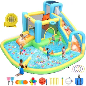AKEYDIY Giant Bounce House Water Slide with Double Slide,Splashing Pool,Water Cannon,Climbing Wall, Large Water Park W/GFCI Blower,Adventure Water Slide Inflatable Water Park for Kids Backyard Summer