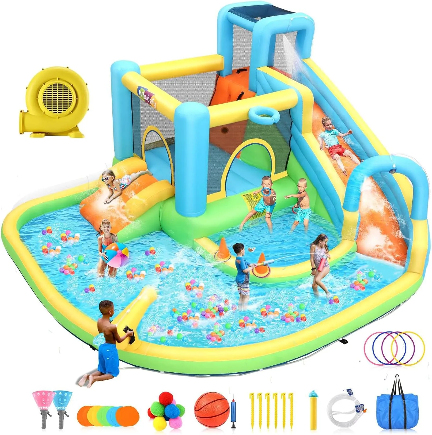 AKEYDIY Giant Bounce House Water Slide with Double Slide,Splashing Pool,Water Cannon,Climbing Wall, Large Water Park W/GFCI Blower,Adventure Water Slide Inflatable Water Park for Kids Backyard Summer