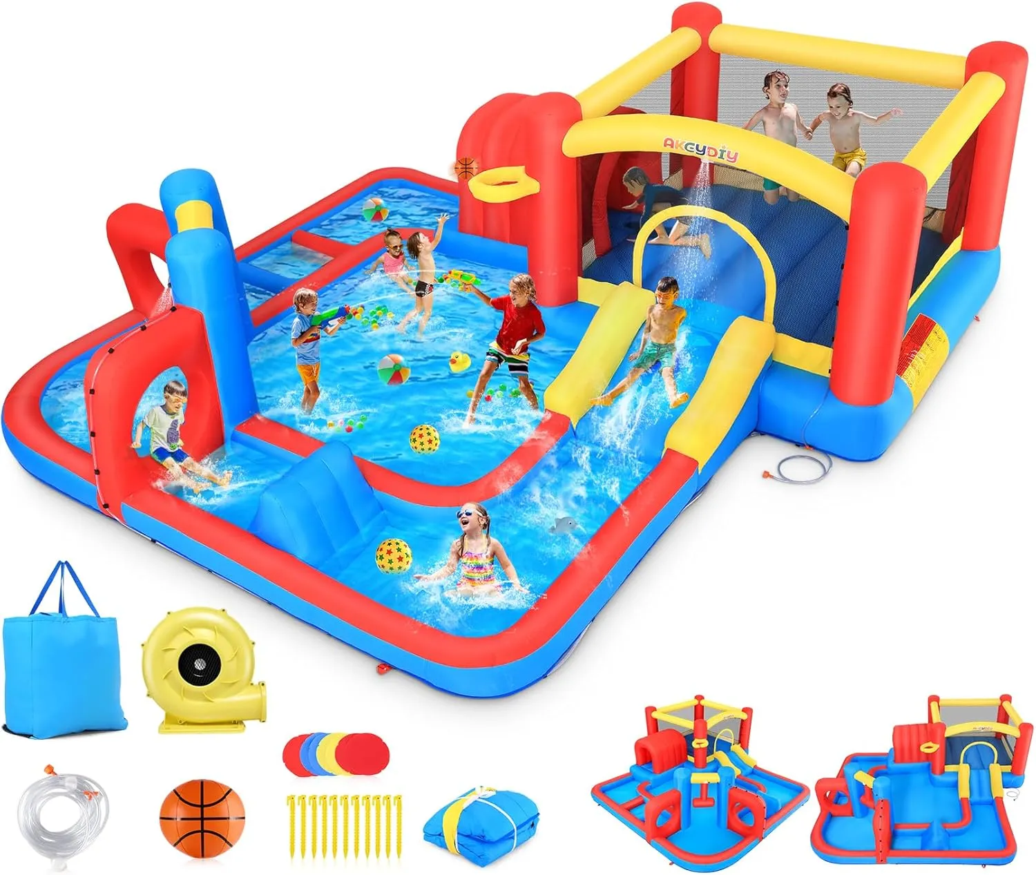 AKEYDIY Inflatable Bounce House for Kids, 10 in 1 Waterslide Backyard with Blower, Water Park with Water Cannons, Basketball Hoop, Tunnel, Indoor/Outdoor Jumping House