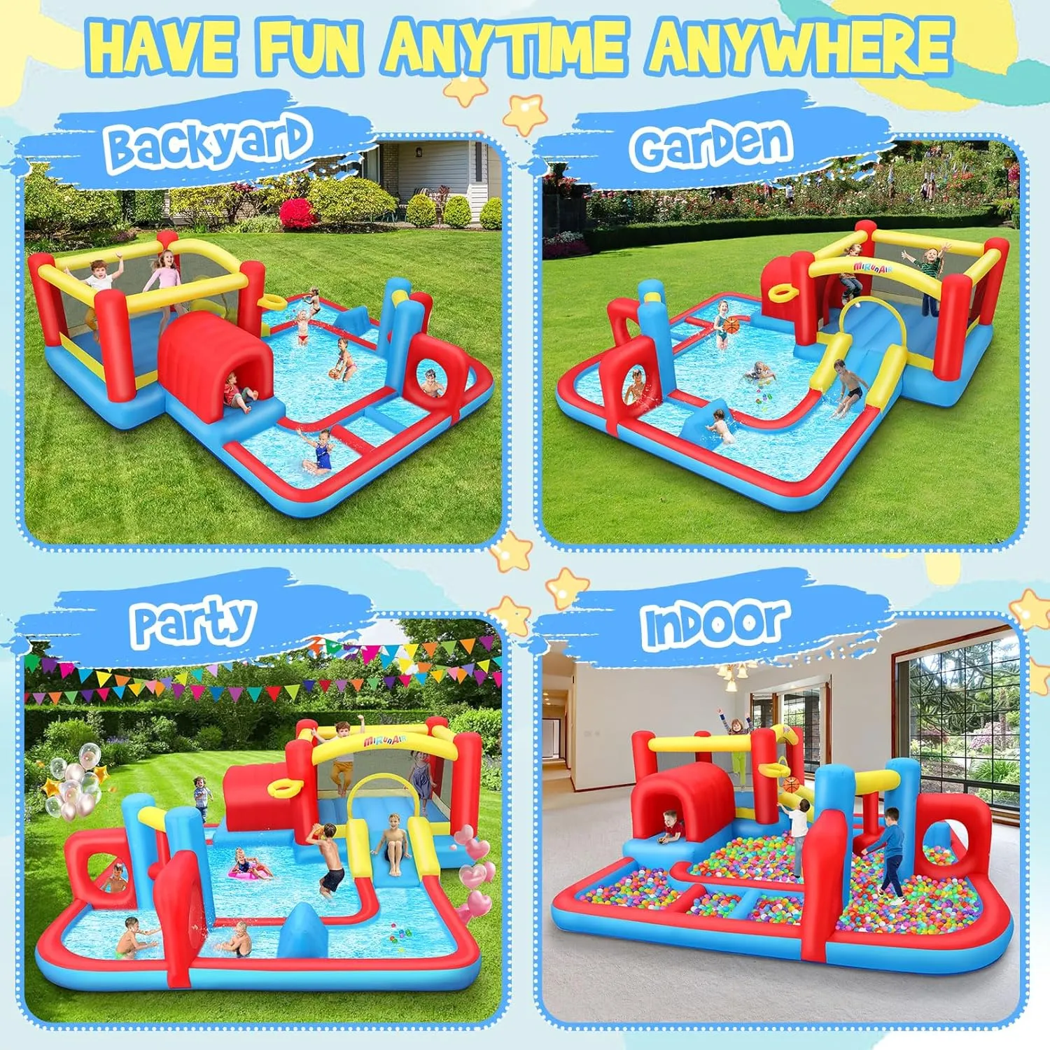 AKEYDIY Inflatable Bounce House for Kids, 10 in 1 Waterslide Backyard with Blower, Water Park with Water Cannons, Basketball Hoop, Tunnel, Indoor/Outdoor Jumping House