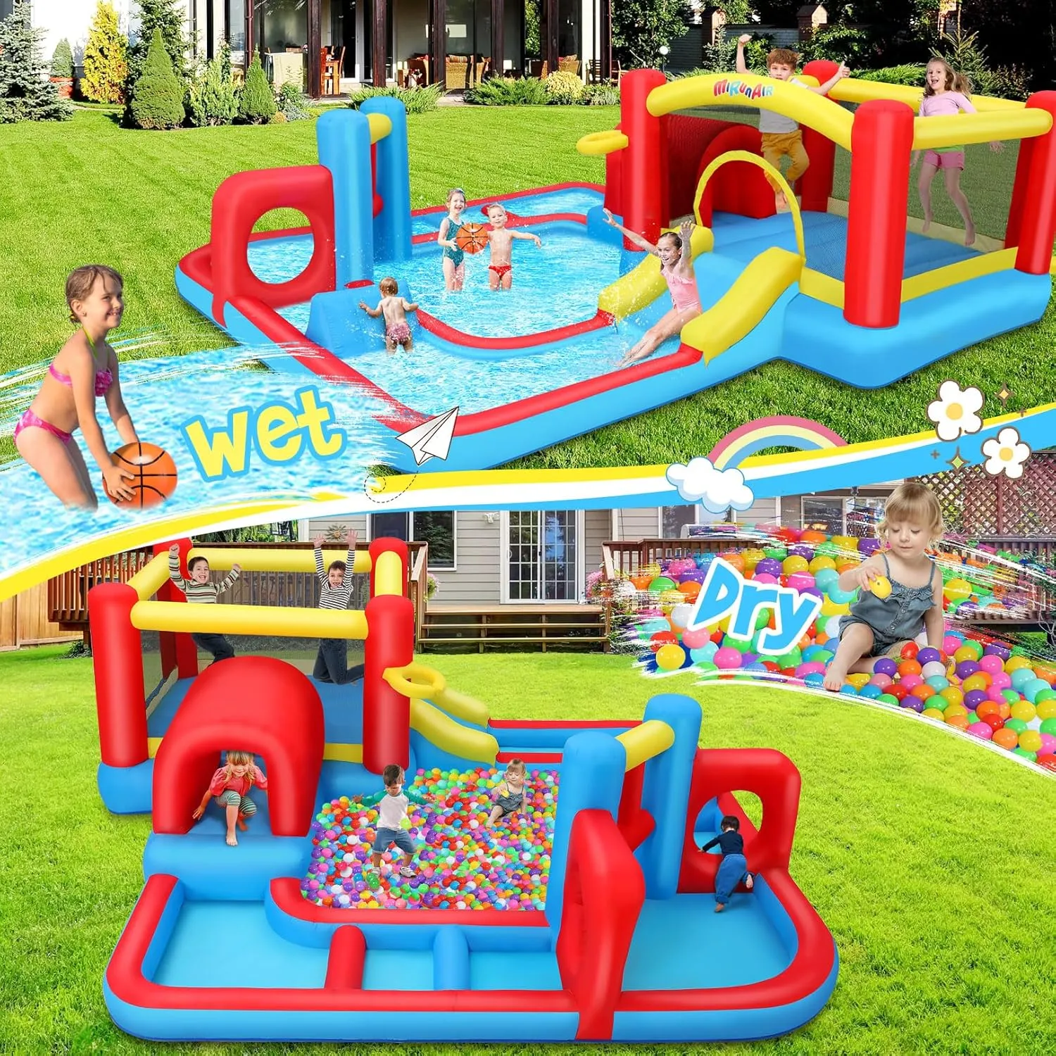 AKEYDIY Inflatable Bounce House for Kids, 10 in 1 Waterslide Backyard with Blower, Water Park with Water Cannons, Basketball Hoop, Tunnel, Indoor/Outdoor Jumping House