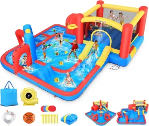 AKEYDIY Inflatable Bounce House for Kids, 10 in 1 Waterslide Backyard with Blower, Water Park with Water Cannons, Basketball Hoop, Tunnel, Indoor/Outdoor Jumping House