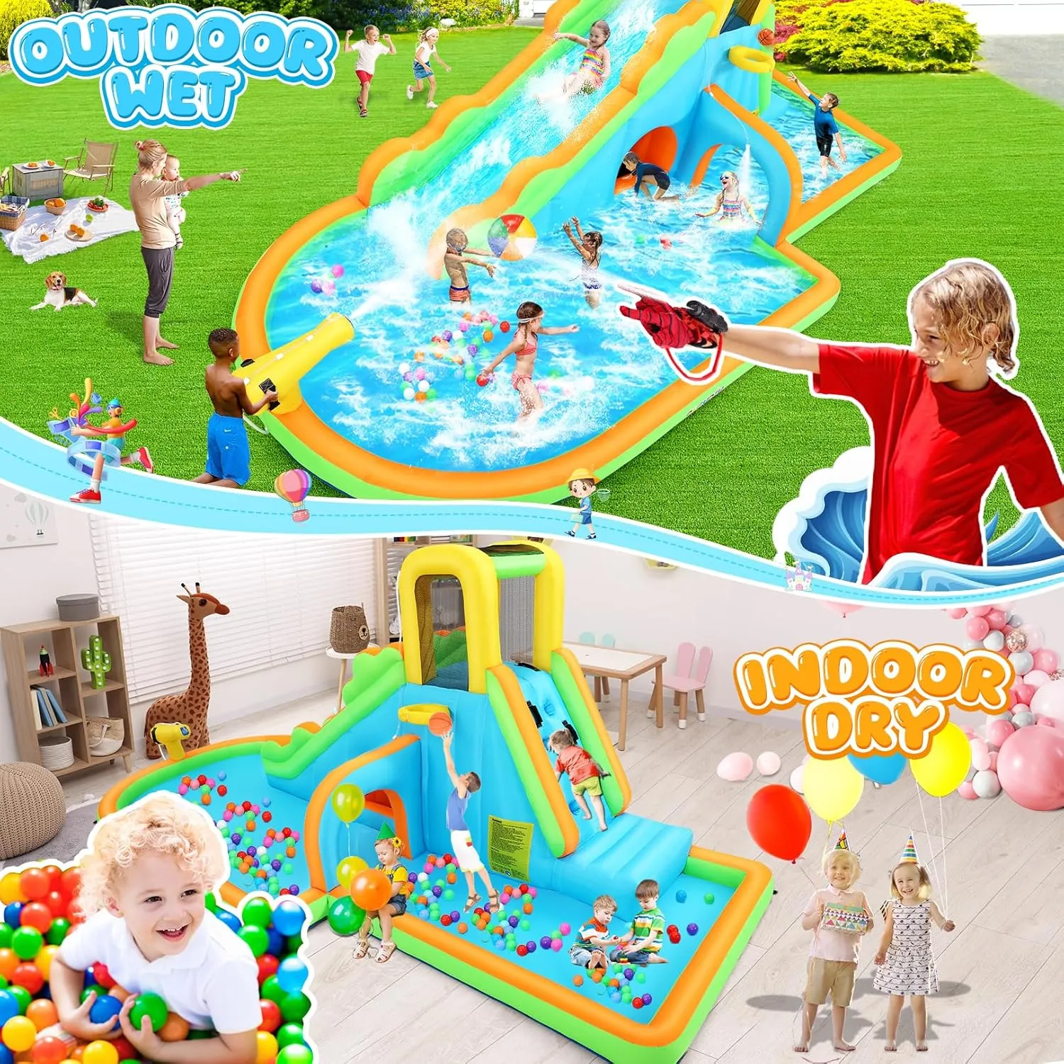 AKEYDIY Inflatable Water Slide - Large Wave Rider Water Bounce House, Blow Up Water Slide Park w/Splash Pool,Climb Wall,Basket-Rim,Water Cannon,Shower Head,W/Blower Backyard Waterslide for Kids 3-12
