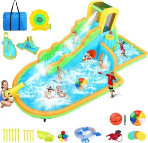 AKEYDIY Inflatable Water Slide - Large Wave Rider Water Bounce House, Blow Up Water Slide Park w/Splash Pool,Climb Wall,Basket-Rim,Water Cannon,Shower Head,W/Blower Backyard Waterslide for Kids 3-12