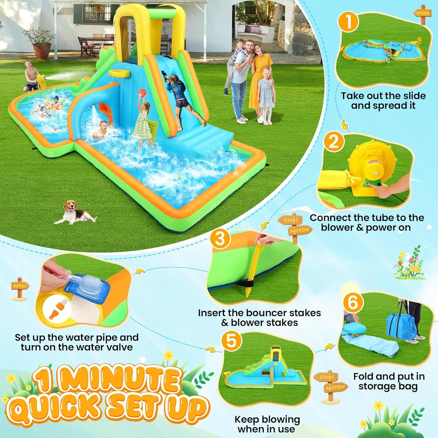 AKEYDIY Inflatable Water Slide - Large Wave Rider Water Bounce House, Blow Up Water Slide Park w/Splash Pool,Climb Wall,Basket-Rim,Water Cannon,Shower Head,W/Blower Backyard Waterslide for Kids 3-12