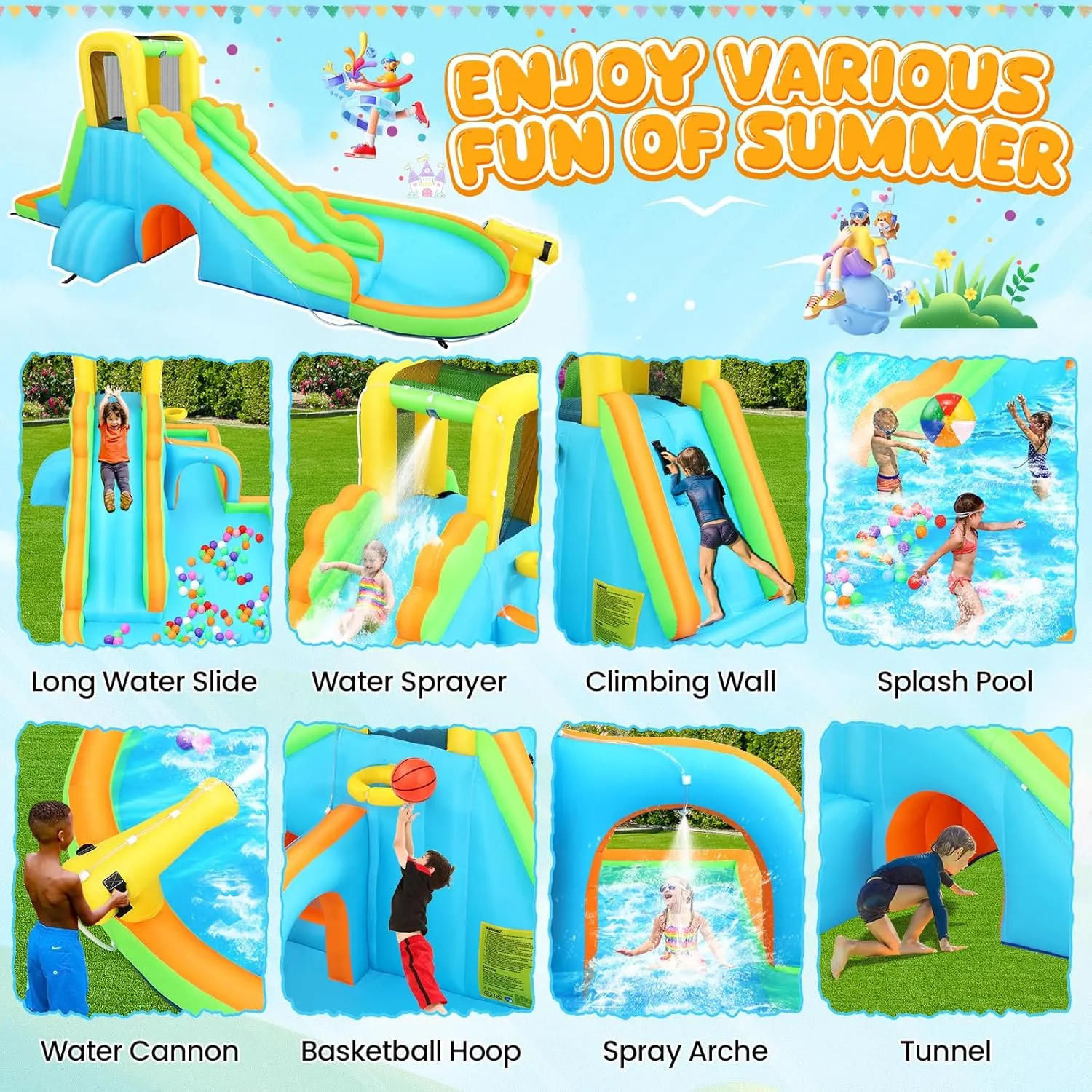 AKEYDIY Inflatable Water Slide - Large Wave Rider Water Bounce House, Blow Up Water Slide Park w/Splash Pool,Climb Wall,Basket-Rim,Water Cannon,Shower Head,W/Blower Backyard Waterslide for Kids 3-12