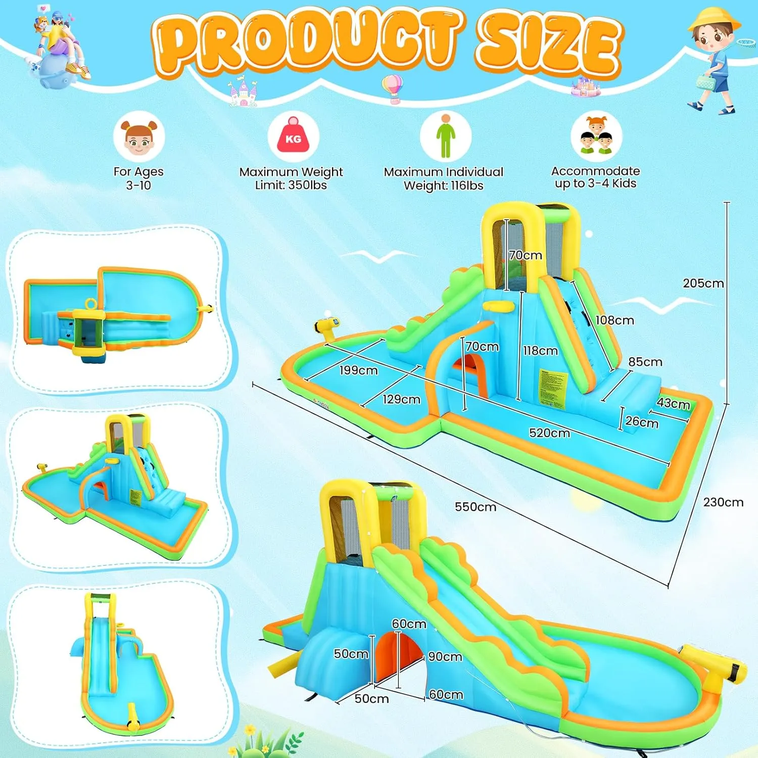 AKEYDIY Inflatable Water Slide - Large Wave Rider Water Bounce House, Blow Up Water Slide Park w/Splash Pool,Climb Wall,Basket-Rim,Water Cannon,Shower Head,W/Blower Backyard Waterslide for Kids 3-12