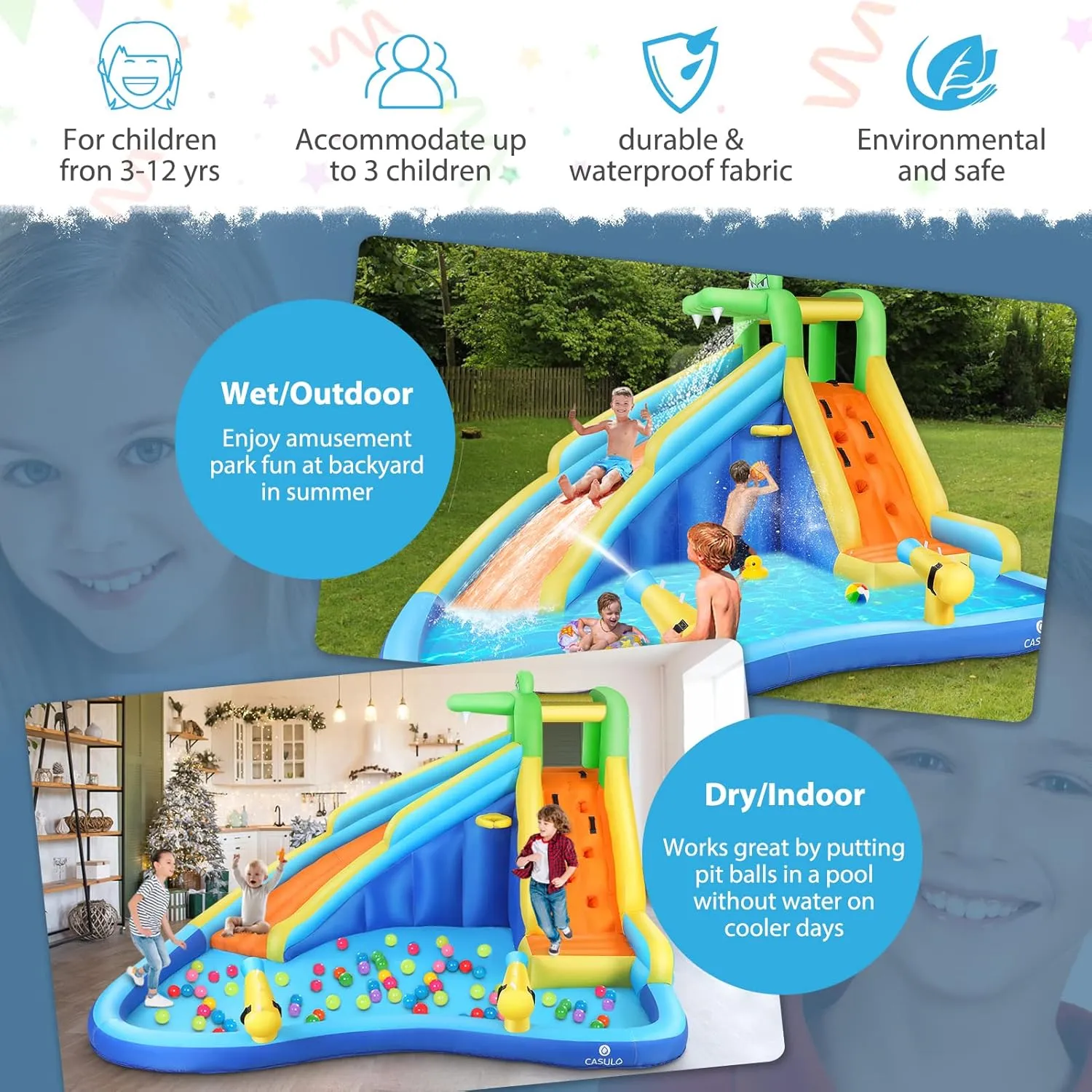 AKEYDIY Inflatable Water Slide,8-in-1 Blow Up Waterslide Bounce Castle with Blower for Kids 3-12,Outdoor Water Park Party Gift for Backyard with Splash Slide,Climbing Wall,Splash Pool, Basketball Hoop